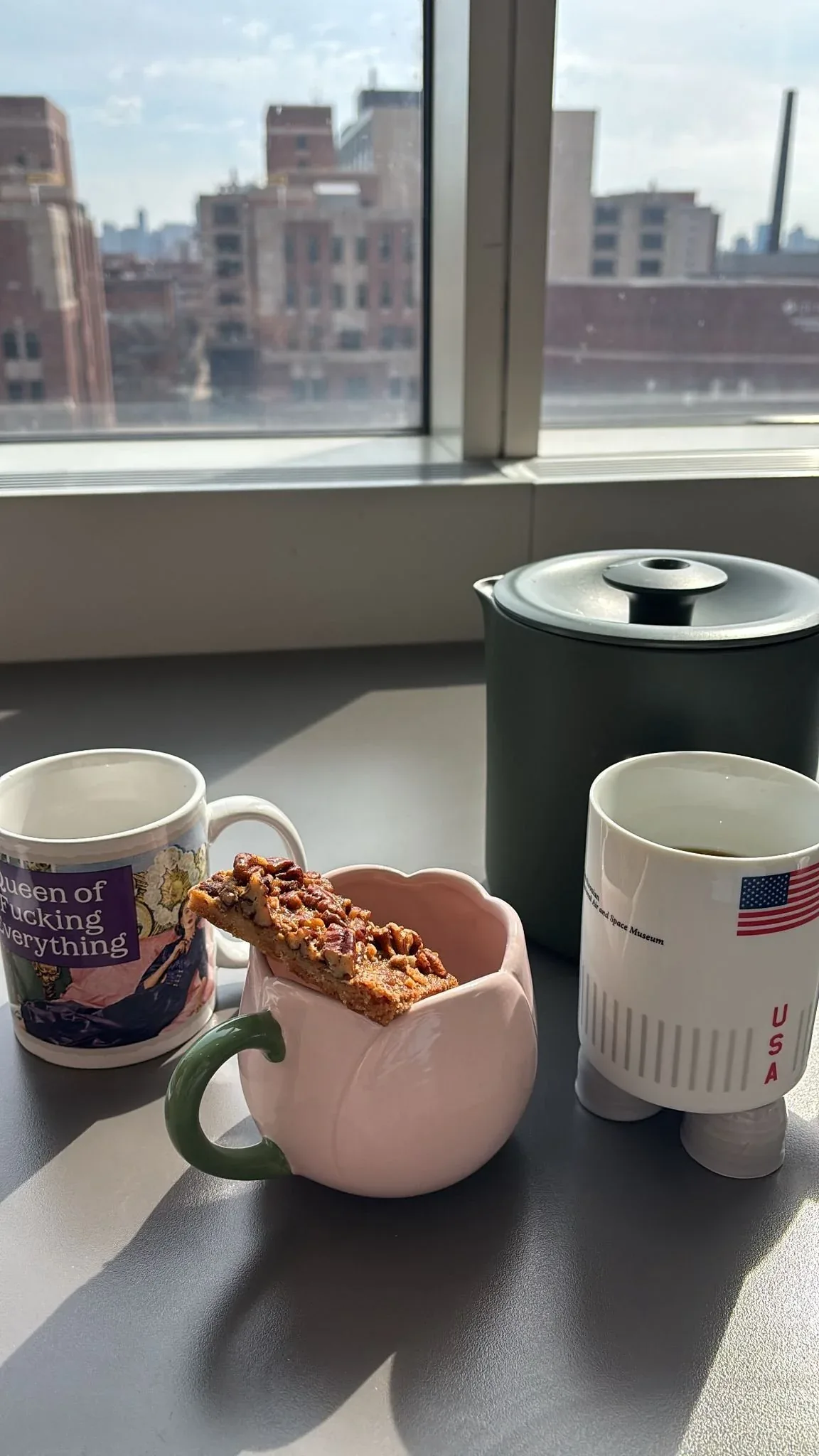 Coffee mugs on the lab windowsill