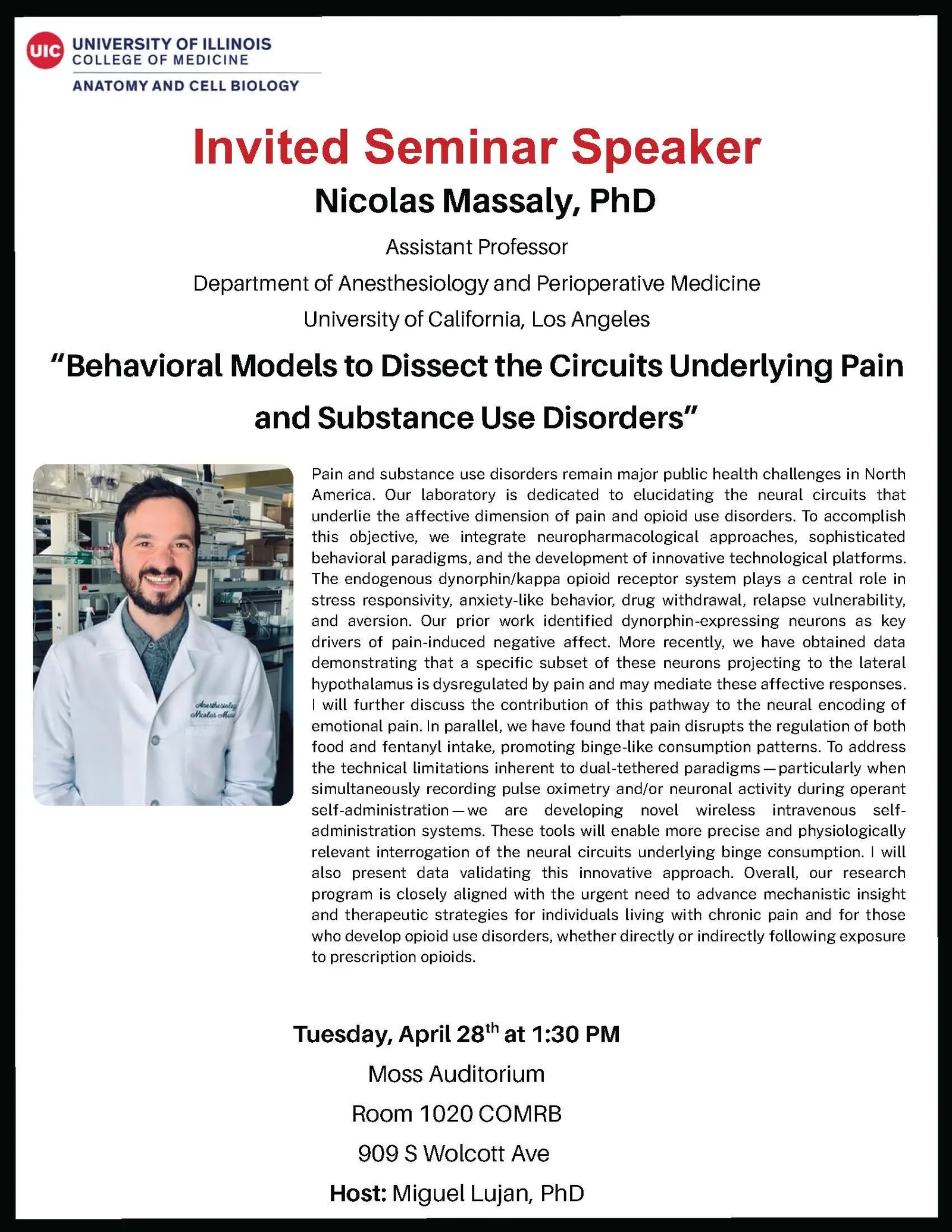 Seminar flyer for Dr. Nicolas Massaly's talk in the Anatomy and Cell Biology seminar series