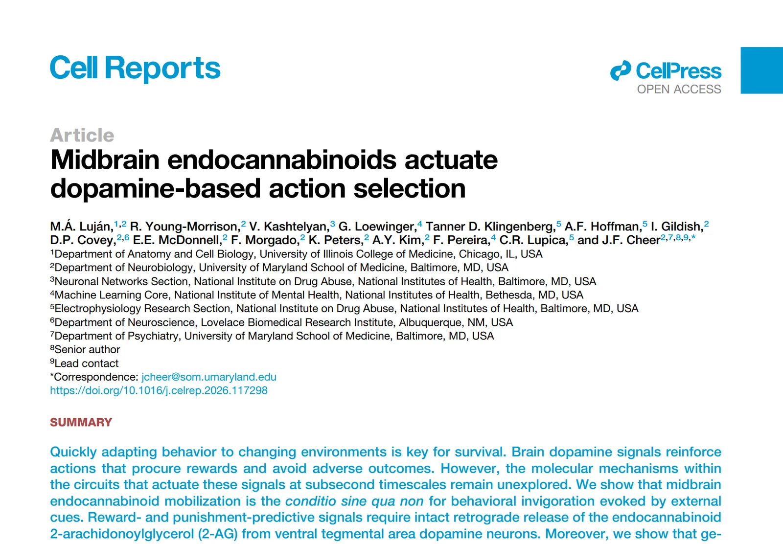 Title page of the 2026 Cell Reports paper, Midbrain endocannabinoids actuate dopamine-based action selection